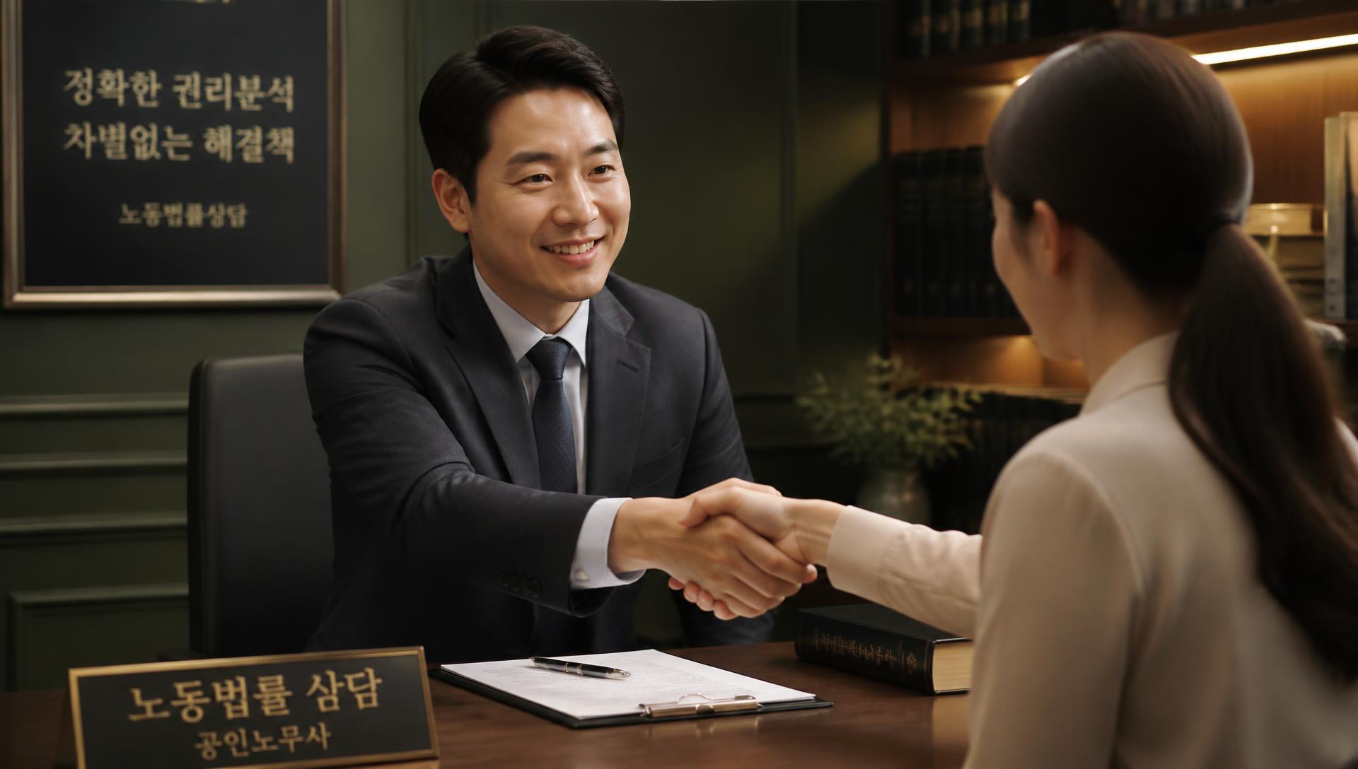 공인노무사가 의뢰인과 상담 후 악수하는 모습